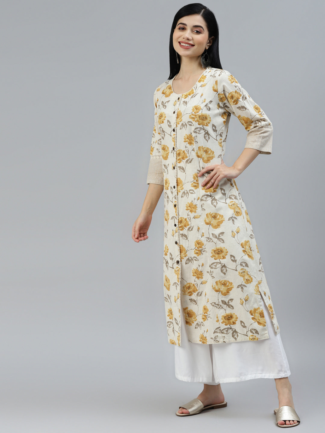 Noe Velarro Floral Print Yellow Cotton A-line Kurta