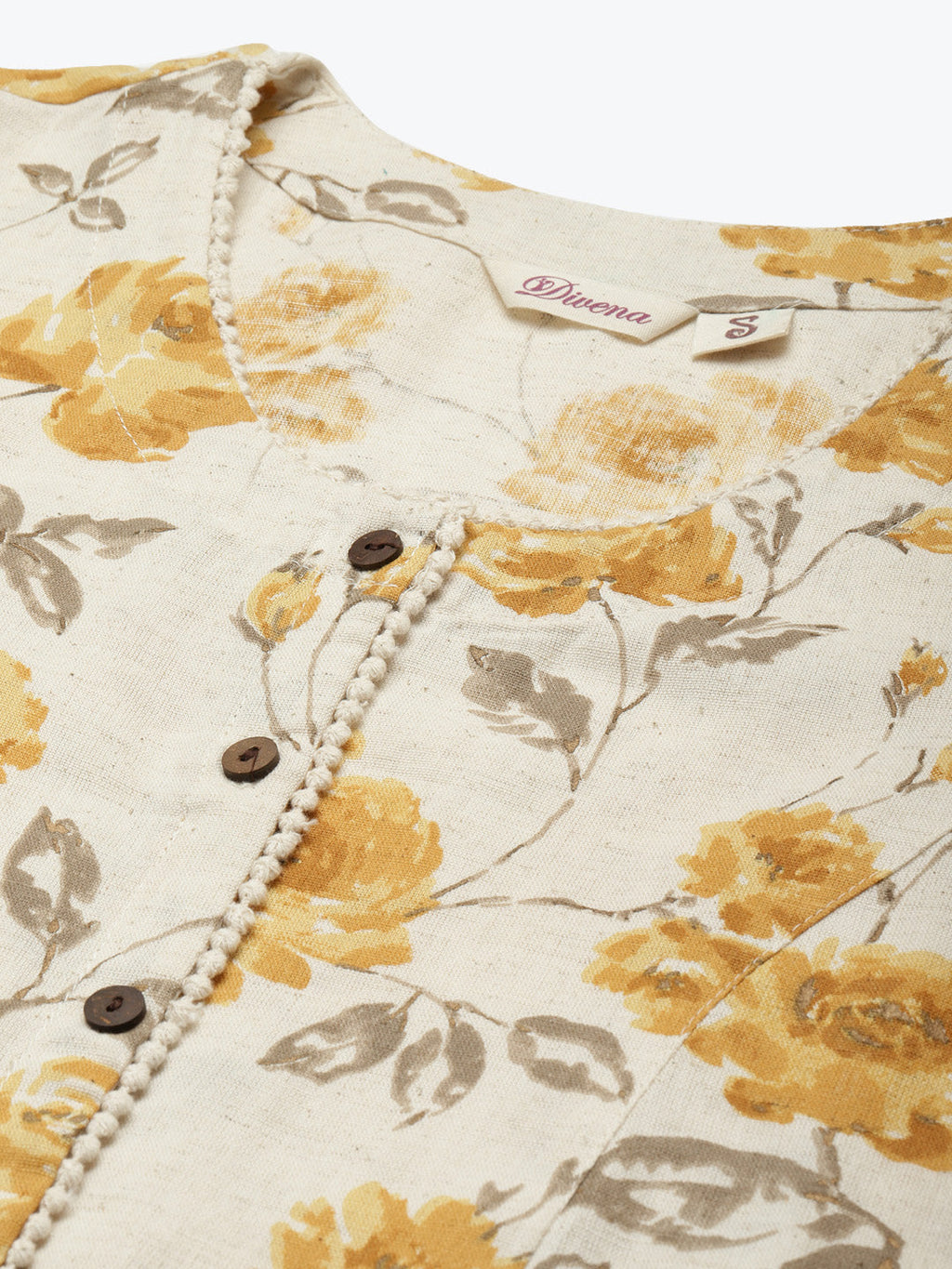 Noe Velarro Floral Print Yellow Cotton A-line Kurta