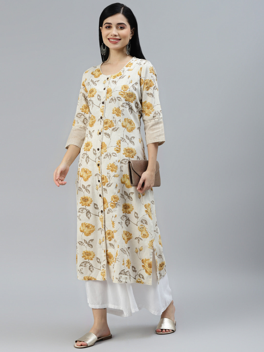 Noe Velarro Floral Print Yellow Cotton A-line Kurta