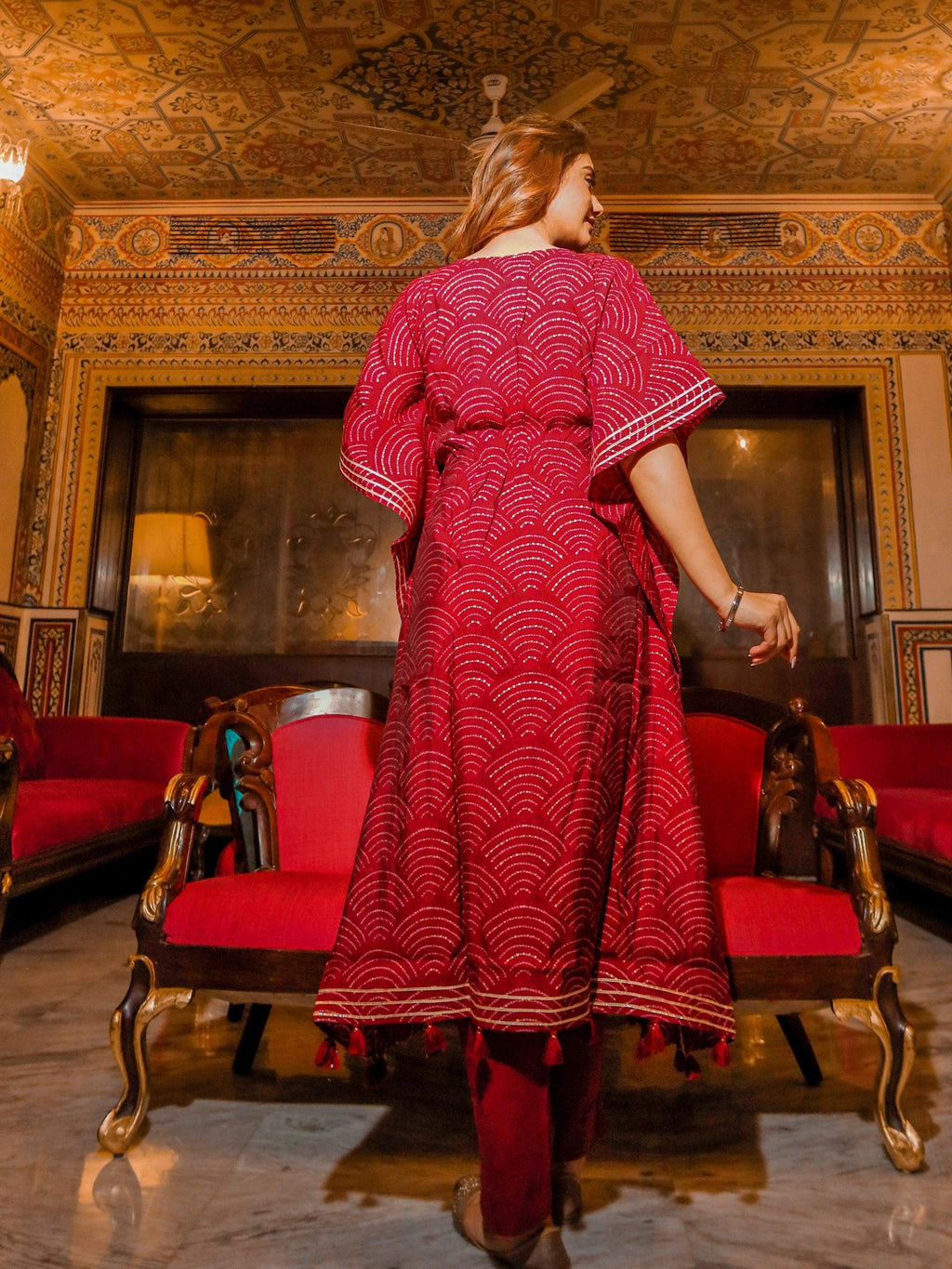 Divena Maroon Rayon Bandhej Kaftan Pant Set - divenaworld.com