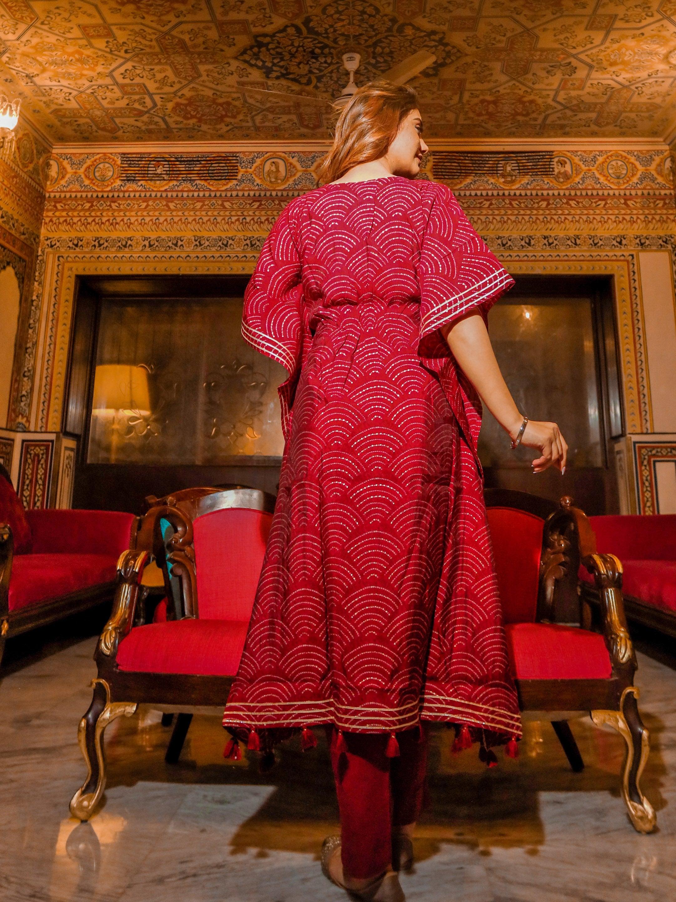 Divena Maroon Rayon Bandhej Kaftan Pant Set - divenaworld.com
