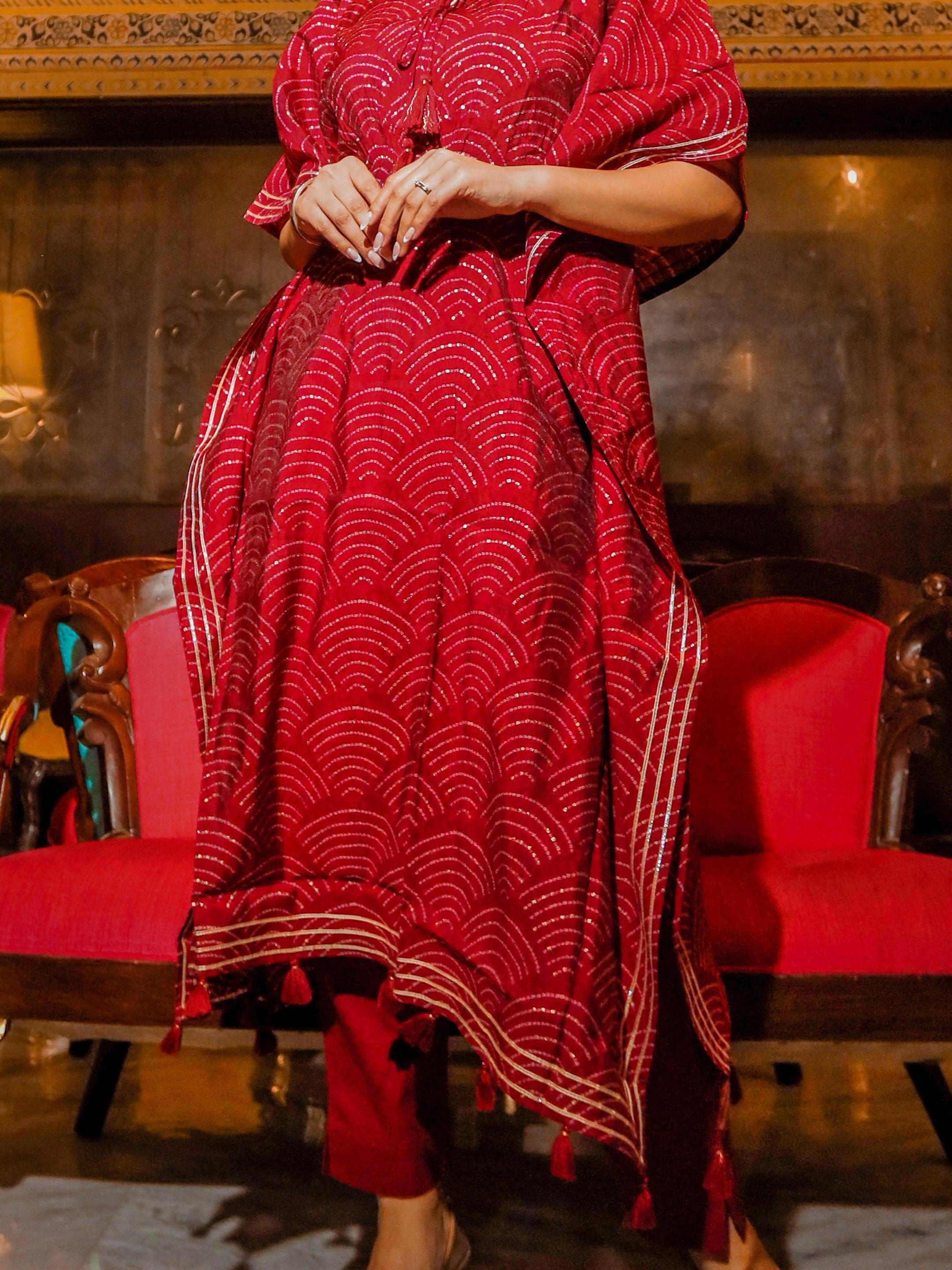 Divena Maroon Rayon Bandhej Kaftan Pant Set - divenaworld.com