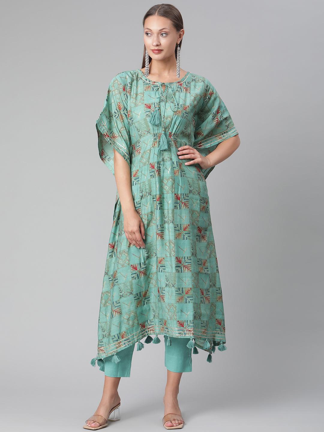 Divena Turquoise green Rayon kaftan Pant set - divena world