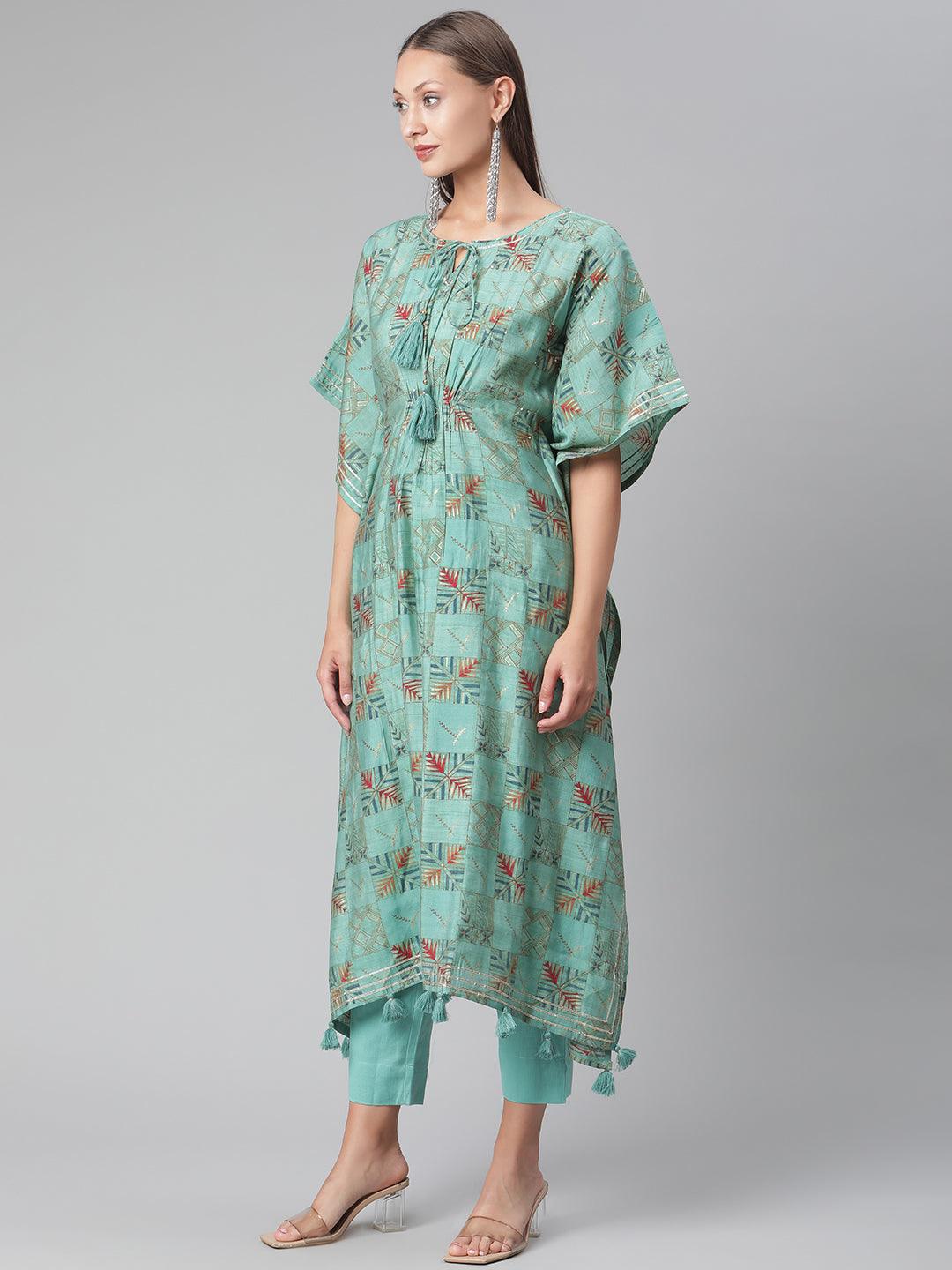 Divena Turquoise green Rayon kaftan Pant set - divena world