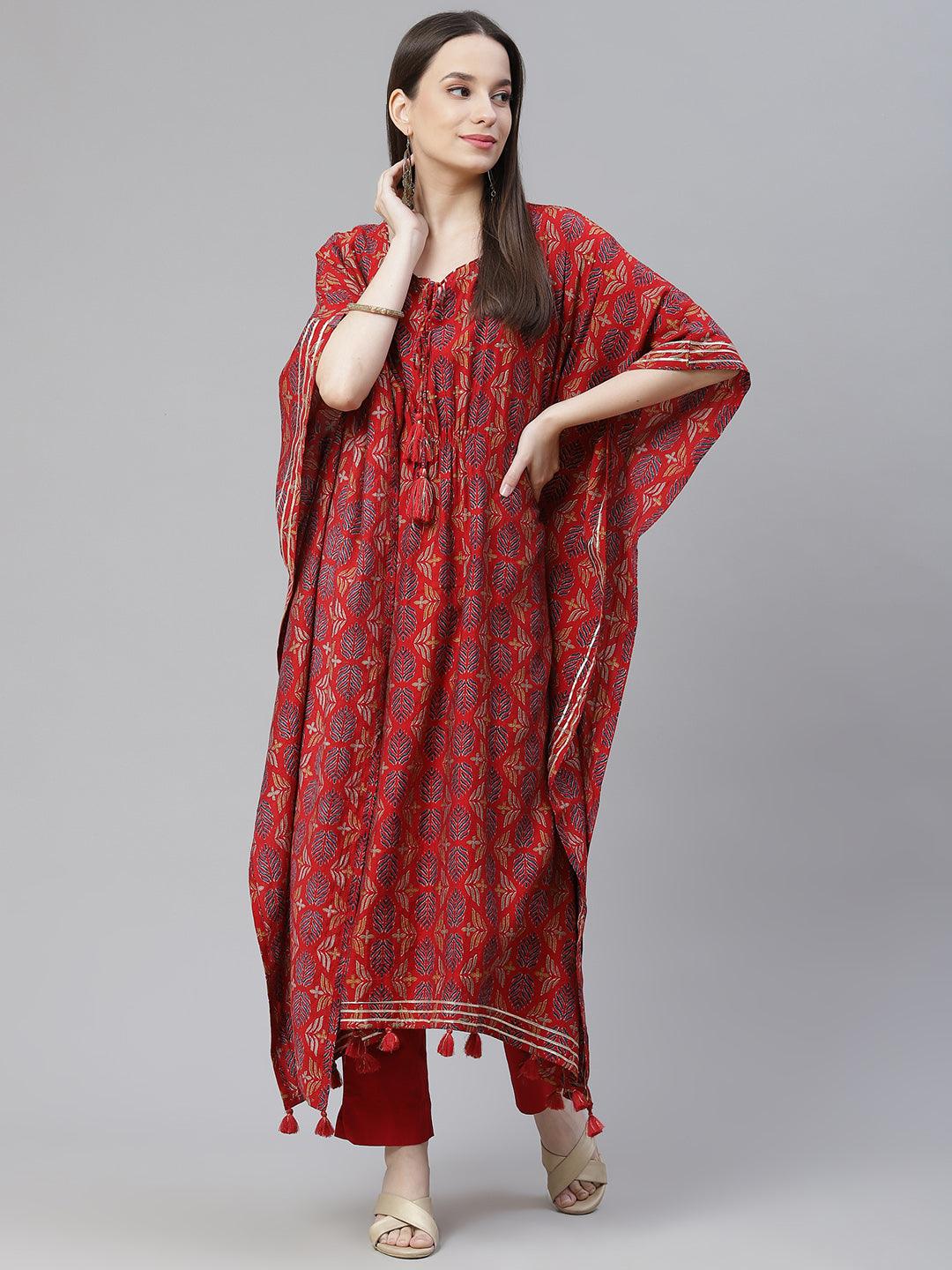 Divena Red Rayon Floral Kaftan Pant Set - divena world