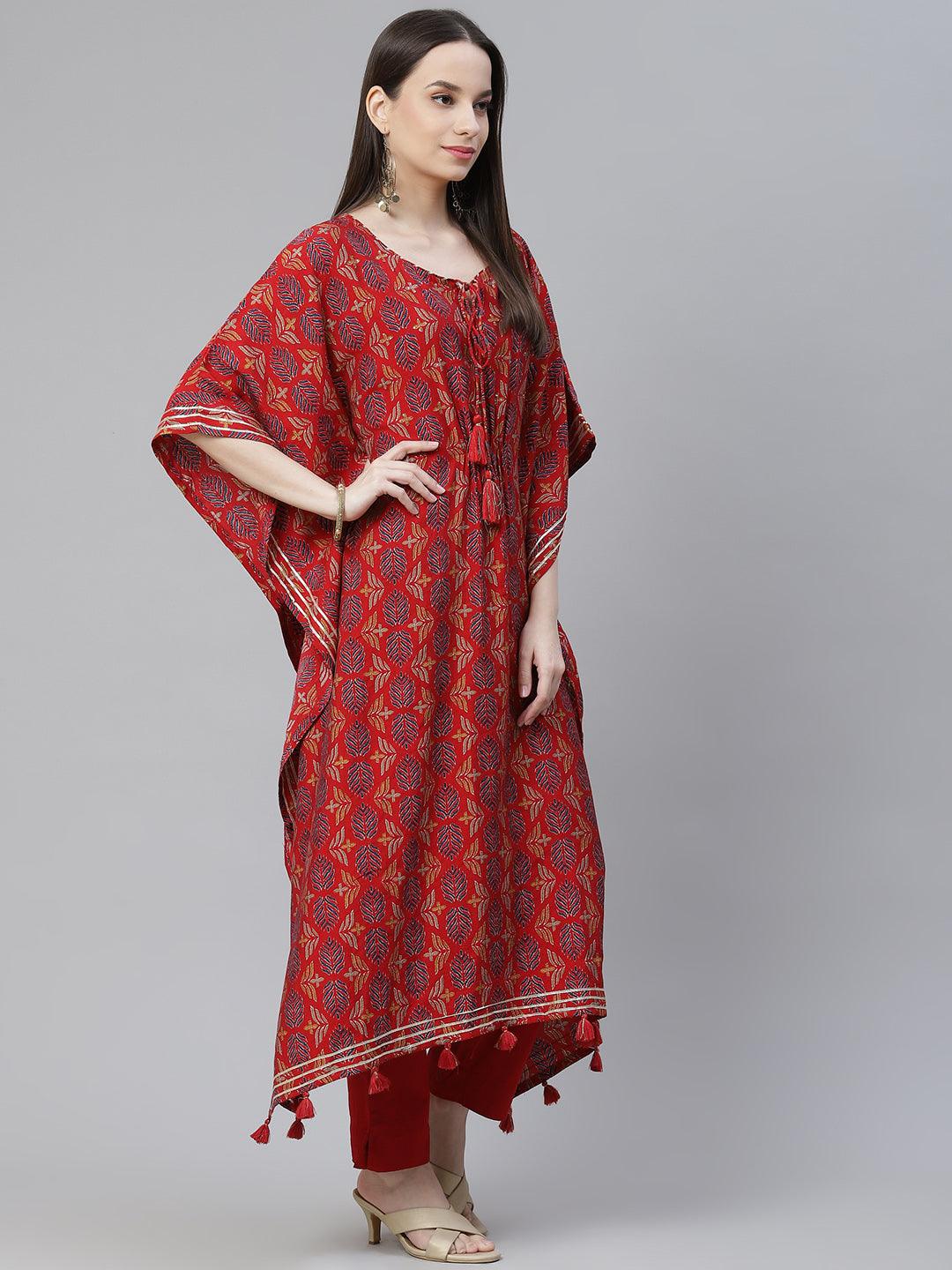 Divena Red Rayon Floral Kaftan Pant Set - divena world