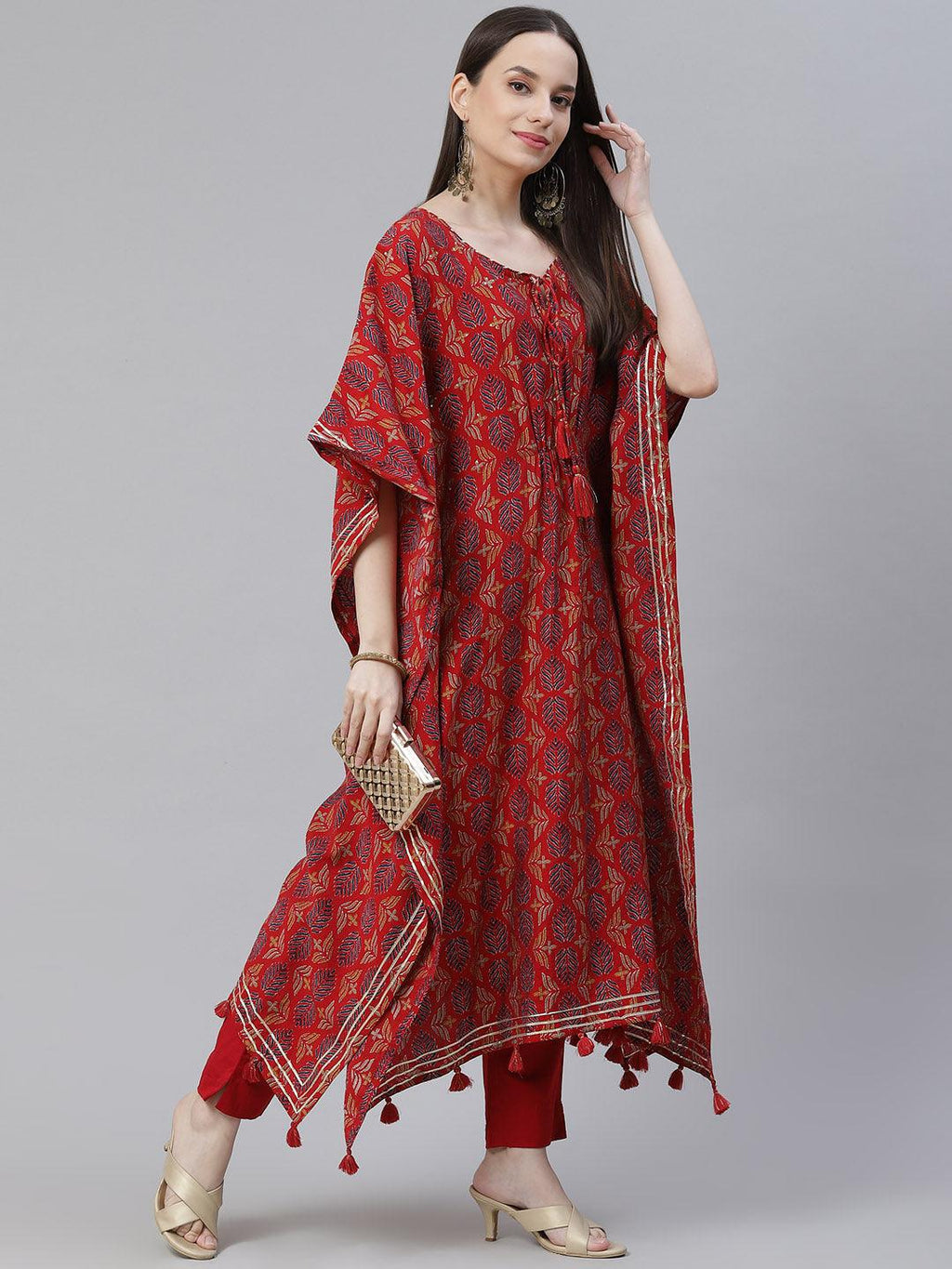 Divena Red Rayon Floral Kaftan Pant Set - divena world