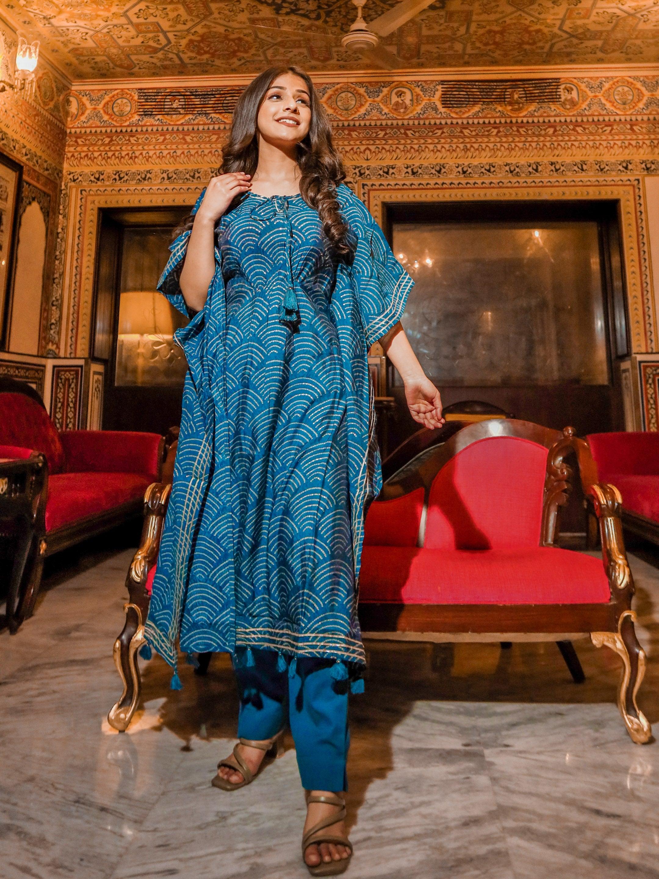 Divena Teal Blue Rayon Bandhej Kaftan Pant Set - divenaworld.com