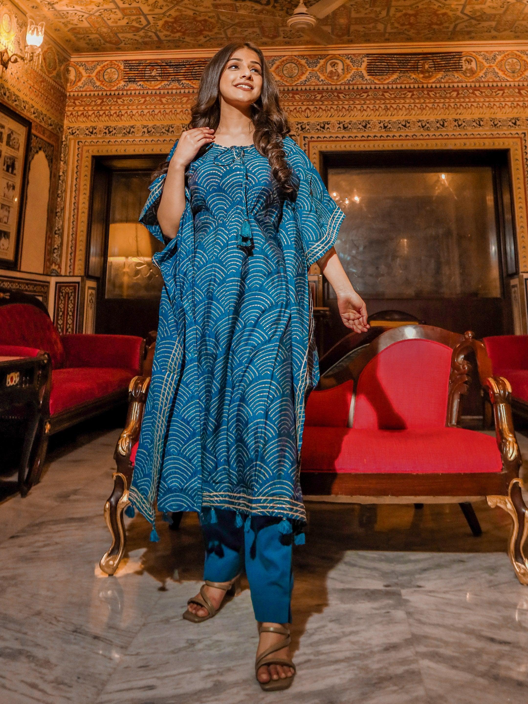 Divena Teal Blue Rayon Bandhej Kaftan Pant Set - divenaworld.com