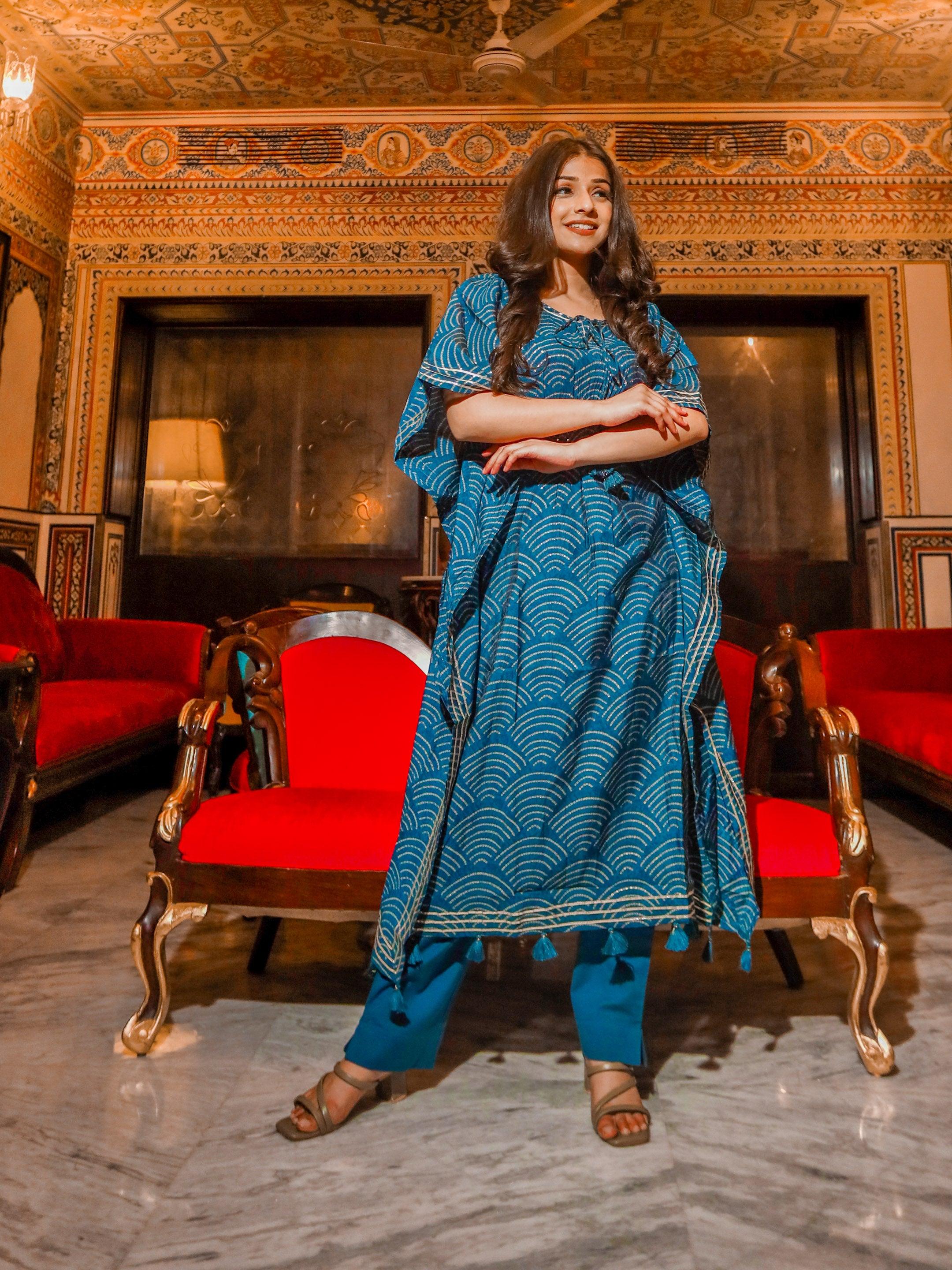 Divena Teal Blue Rayon Bandhej Kaftan Pant Set - divenaworld.com