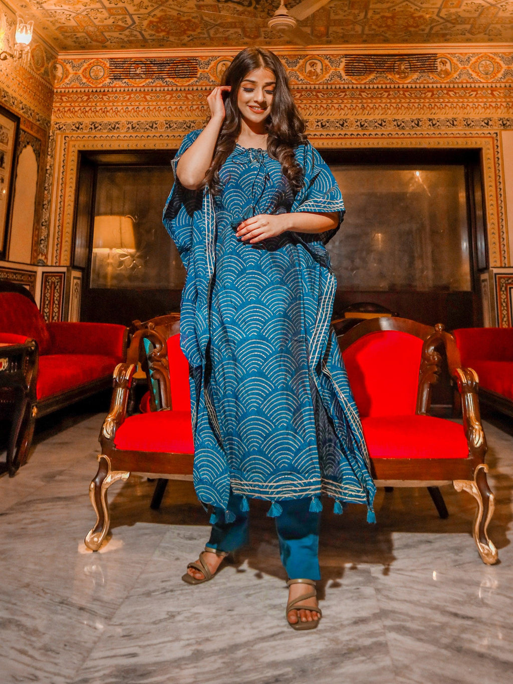 Divena Teal Blue Rayon Bandhej Kaftan Pant Set - divenaworld.com