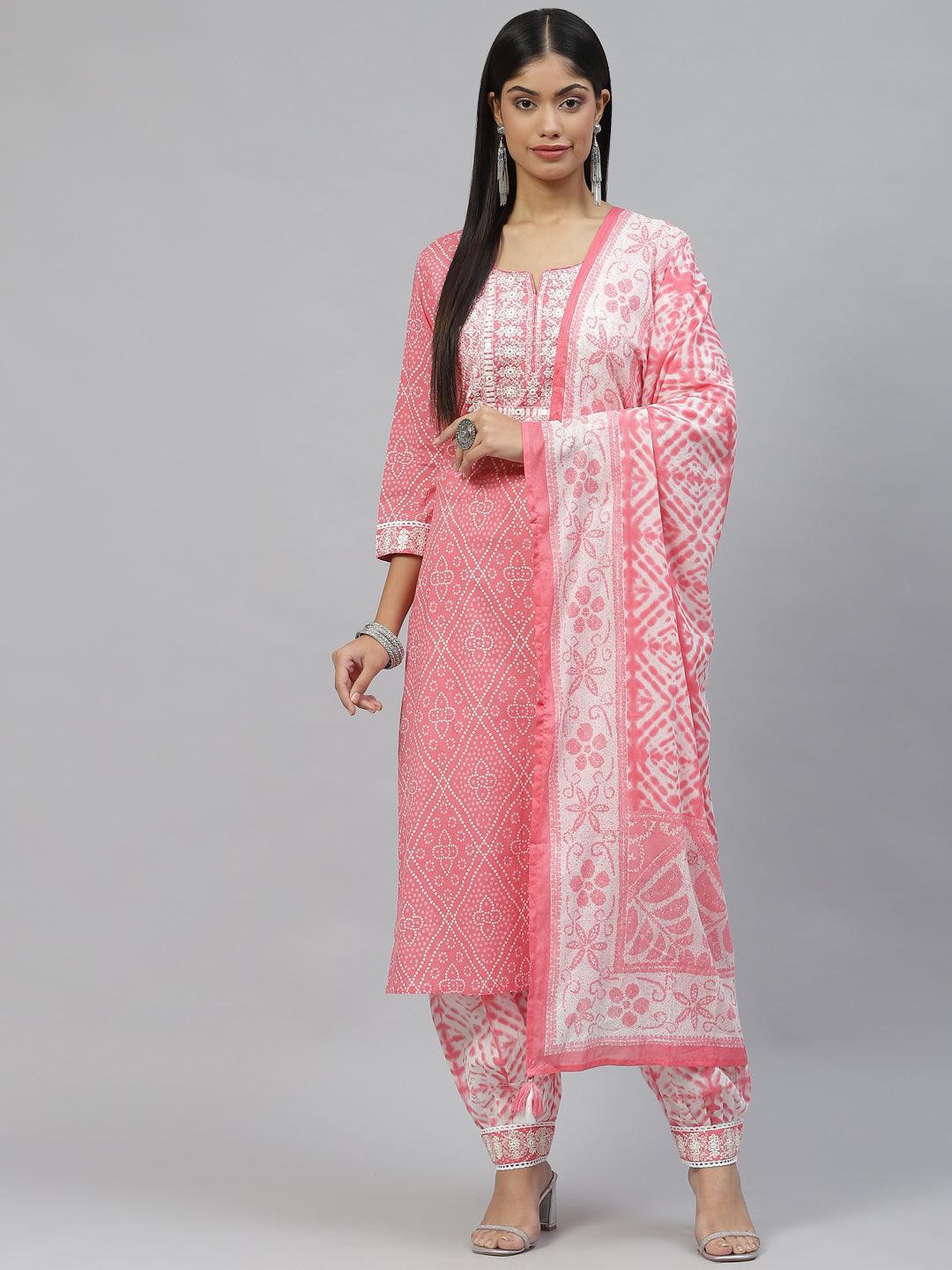 Divena Pink Bandhani Printed Kurta Pant Set with Dupatta - divena world