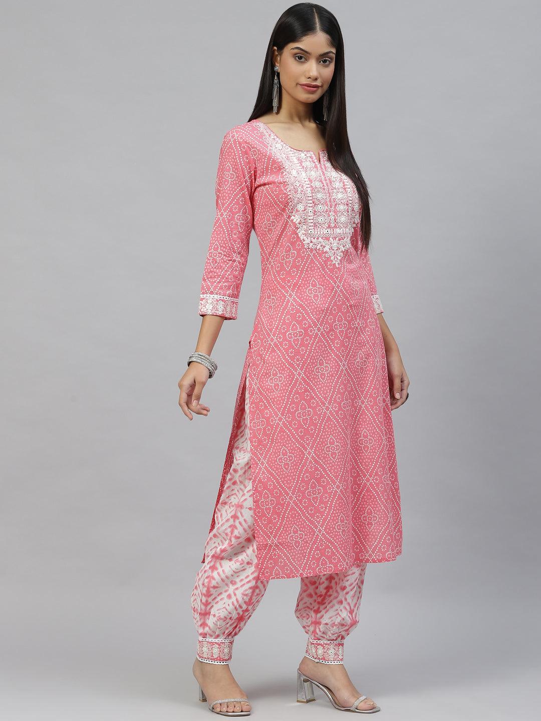 Divena Pink Bandhani Printed Kurta Pant Set with Dupatta - divena world