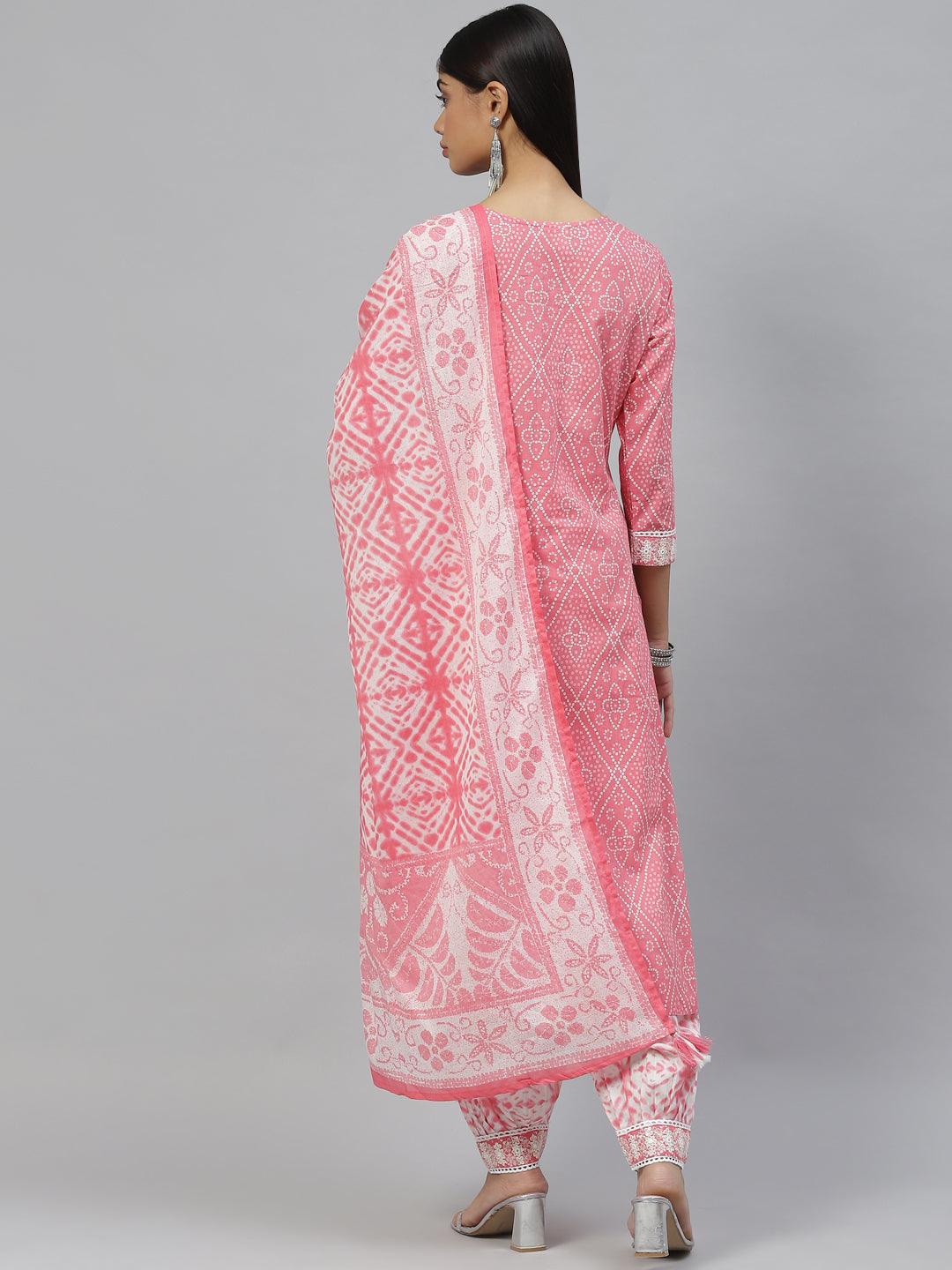 Divena Pink Bandhani Printed Kurta Pant Set with Dupatta - divena world
