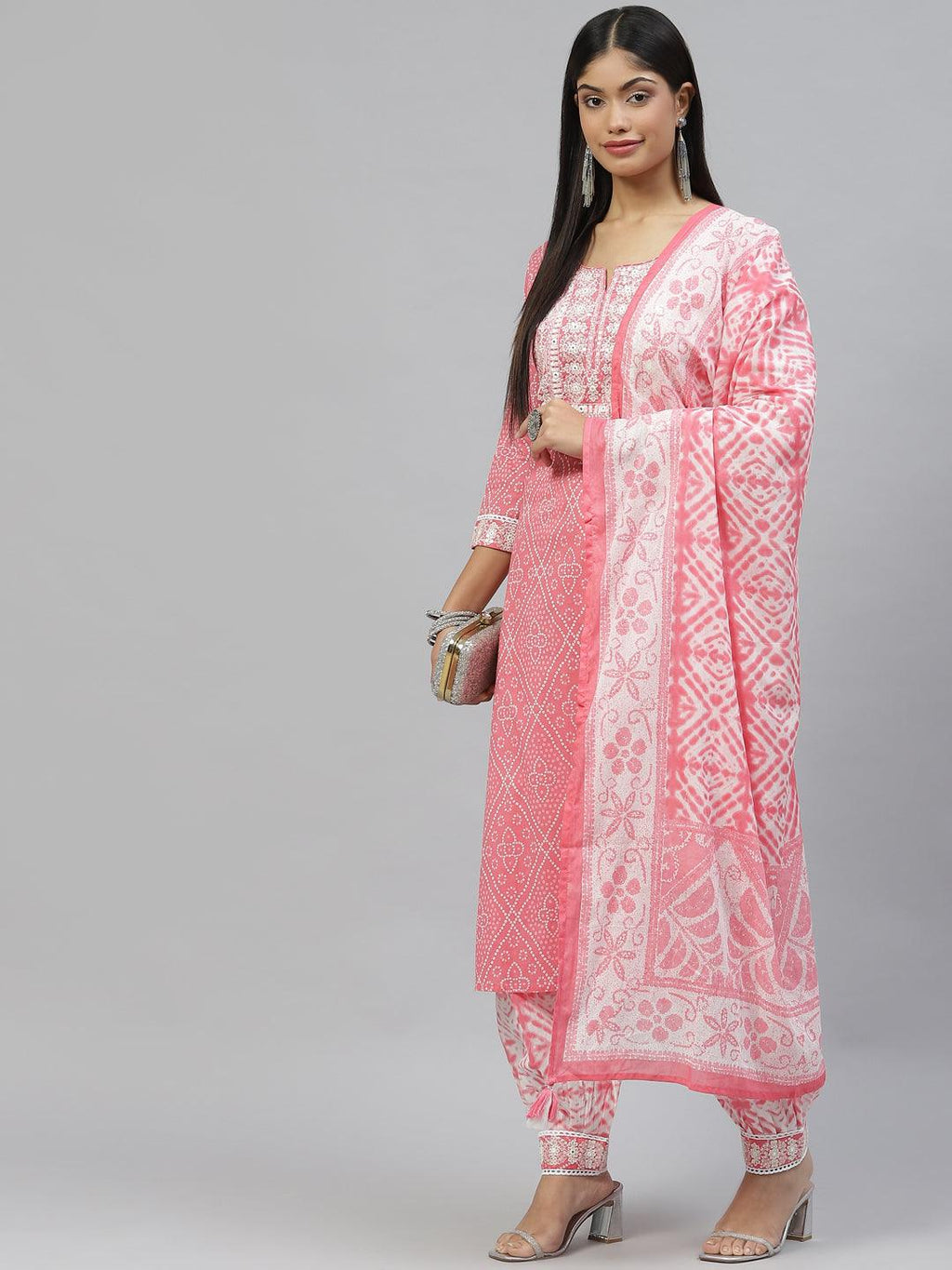 Divena Pink Bandhani Printed Kurta Pant Set with Dupatta - divena world
