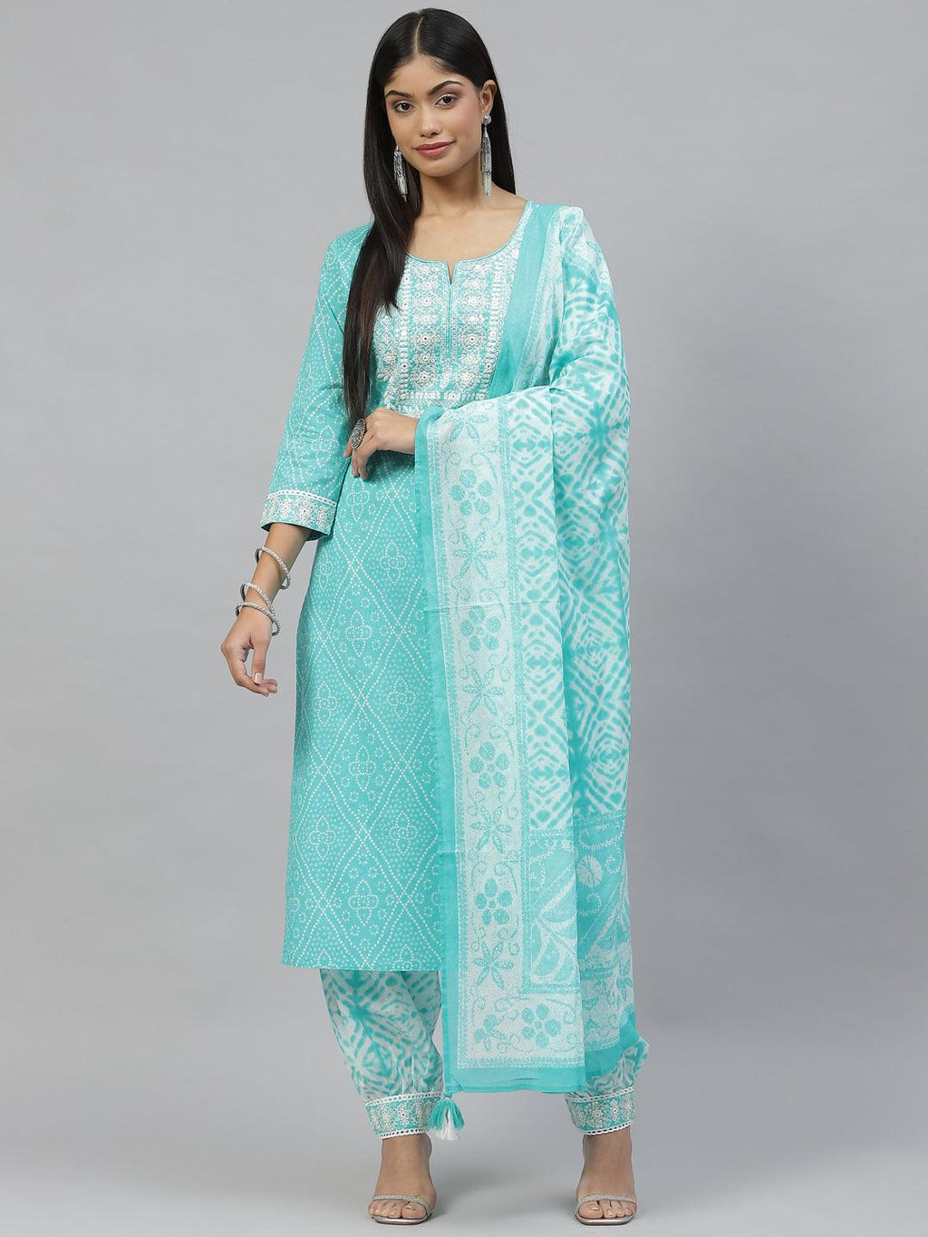 Divena Turquoise Bandhani Printed Kurta Pant Set with Dupatta - divena world