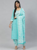 Divena Turquoise Bandhani Printed Kurta Pant Set with Dupatta - divena world