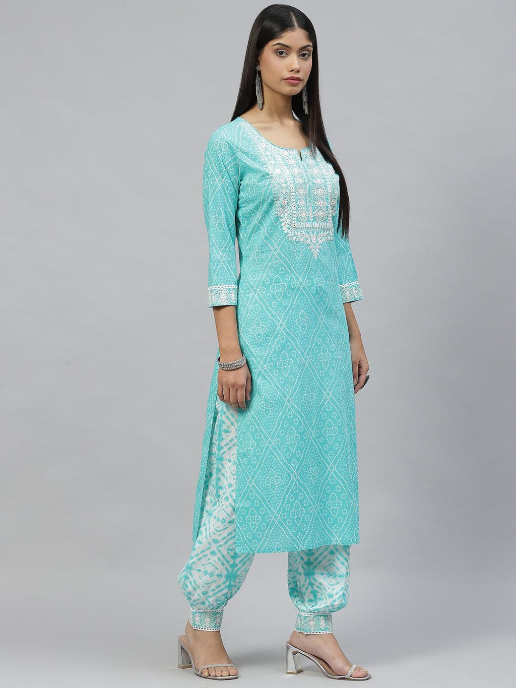 Divena Turquoise Bandhani Printed Kurta Pant Set with Dupatta - divena world