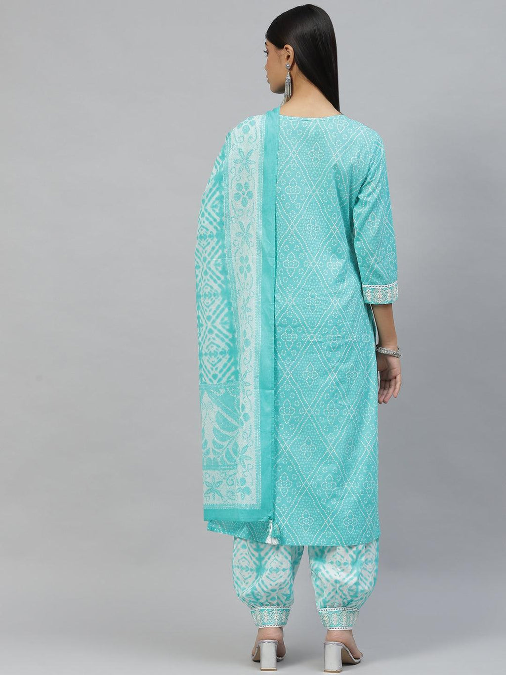 Divena Turquoise Bandhani Printed Kurta Pant Set with Dupatta - divena world