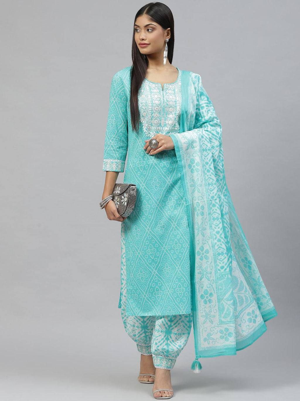 Divena Turquoise Bandhani Printed Kurta Pant Set with Dupatta - divena world