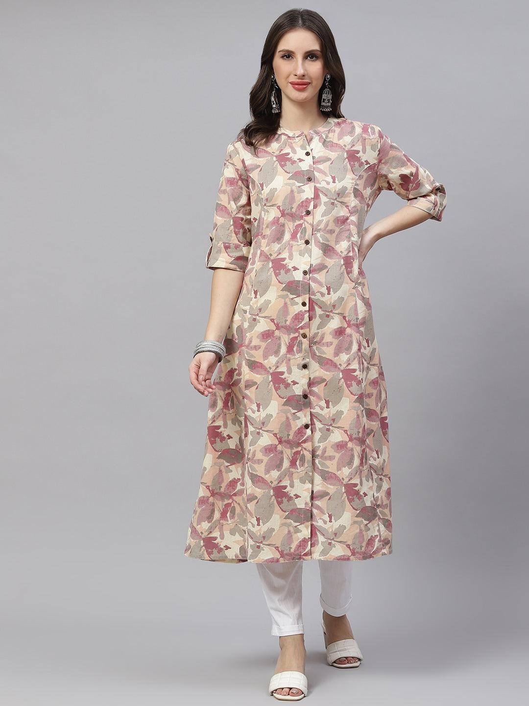 Divena Beige Floral cotton flex A-Line Kurta - divena world