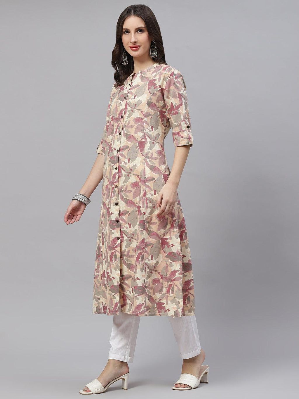 Divena Beige Floral cotton flex A-Line Kurta - divena world