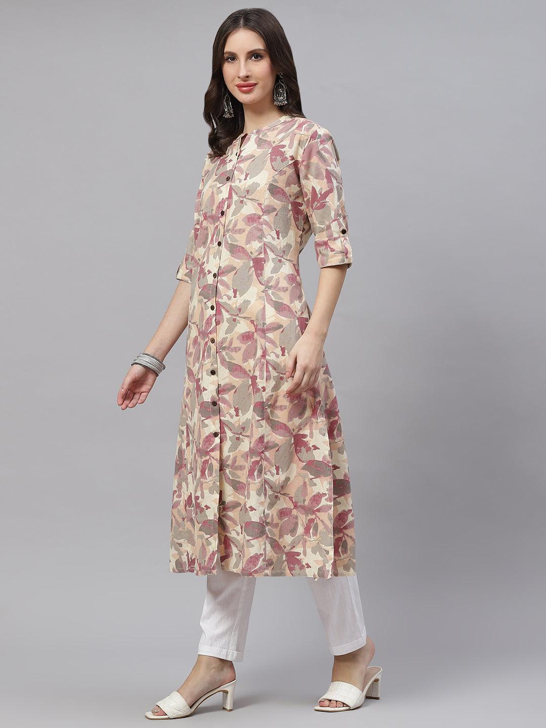 Divena Beige Floral cotton flex A-Line Kurta - divena world