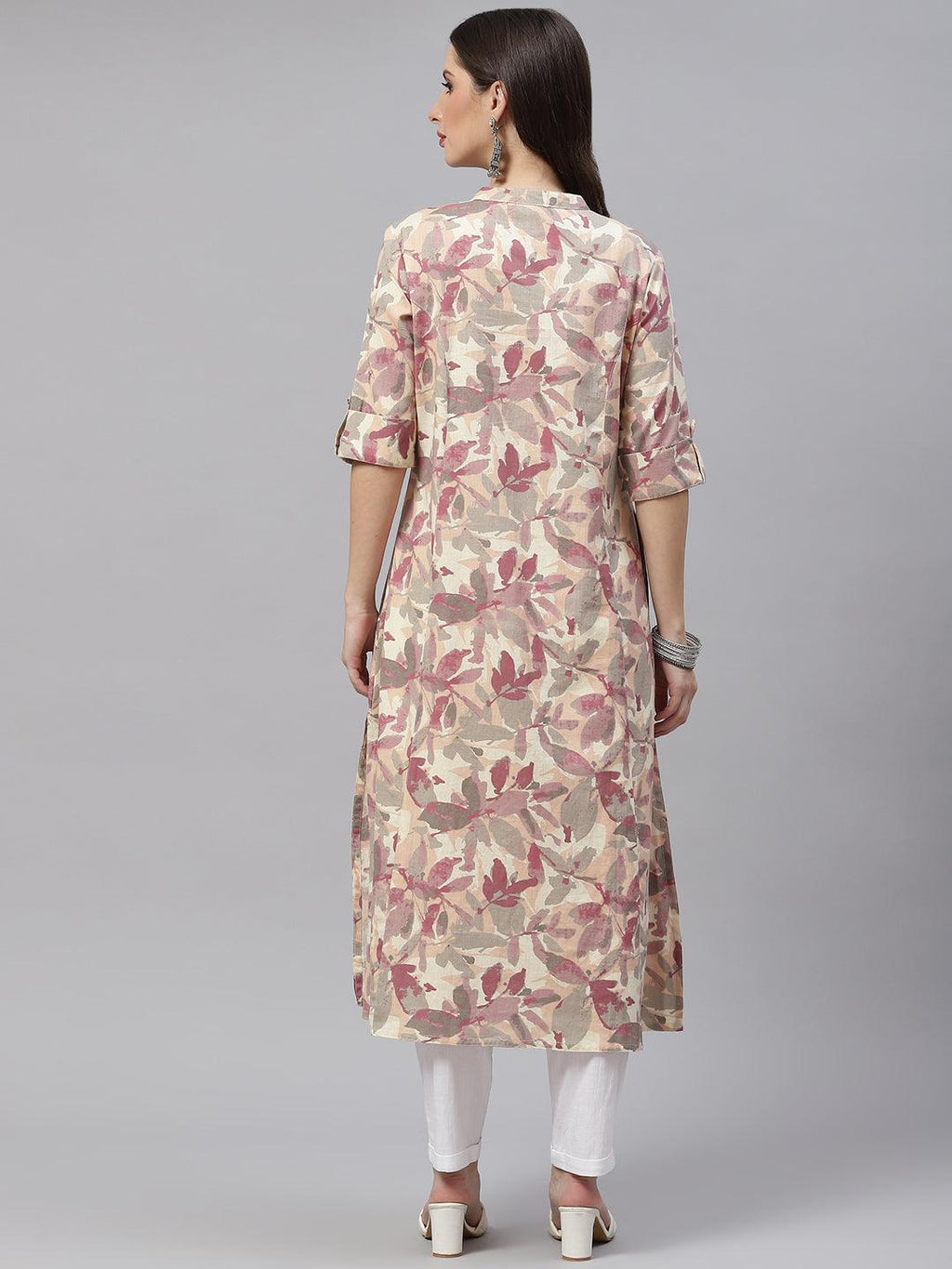 Divena Beige Floral cotton flex A-Line Kurta - divena world