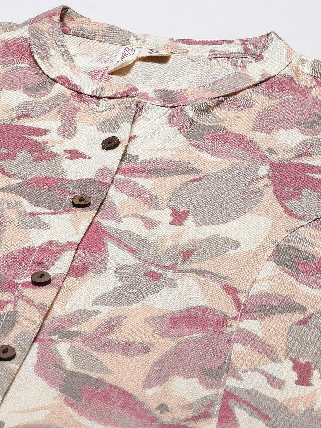 Divena Beige Floral cotton flex A-Line Kurta - divena world