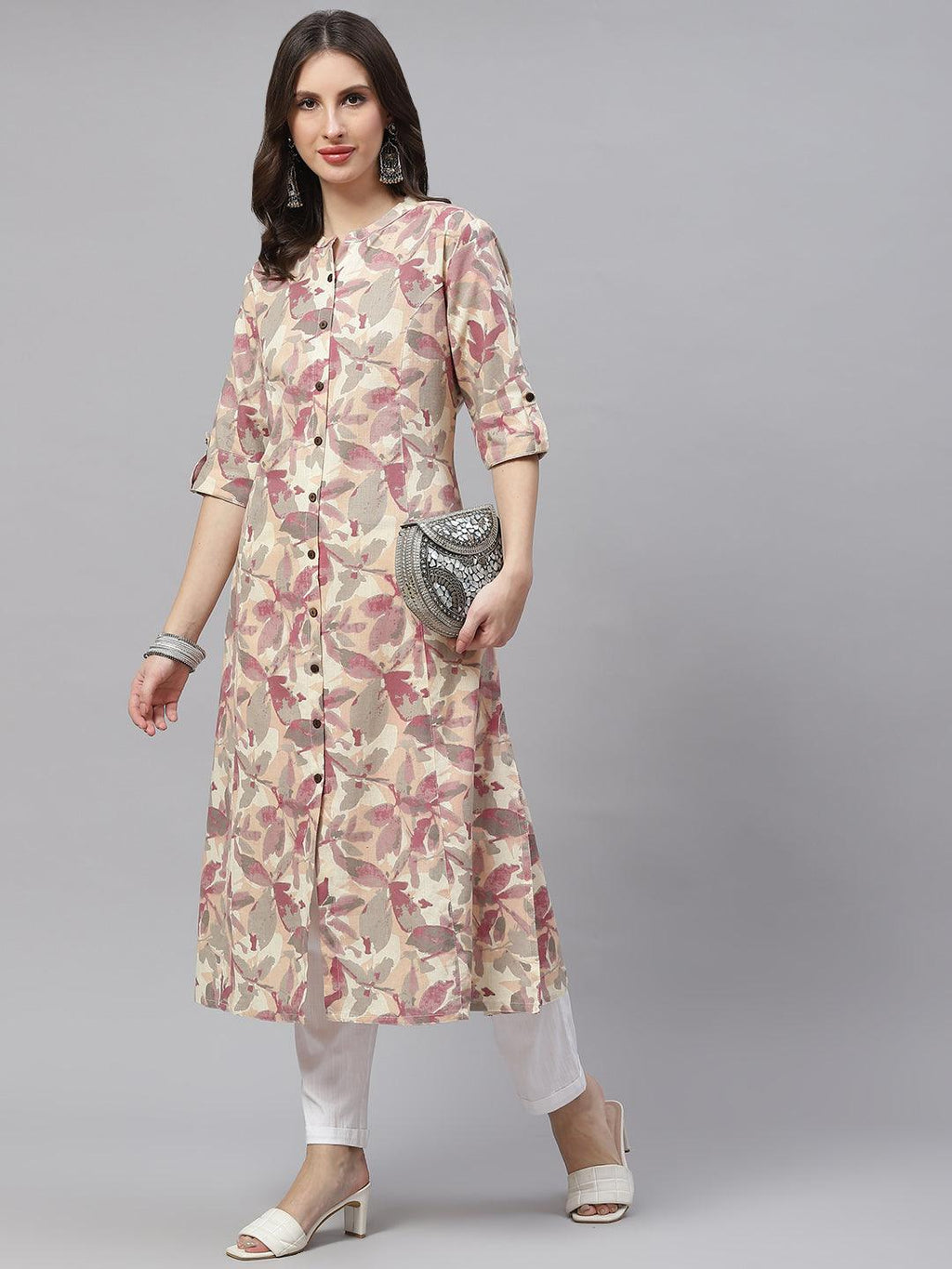 Divena Beige Floral cotton flex A-Line Kurta - divena world