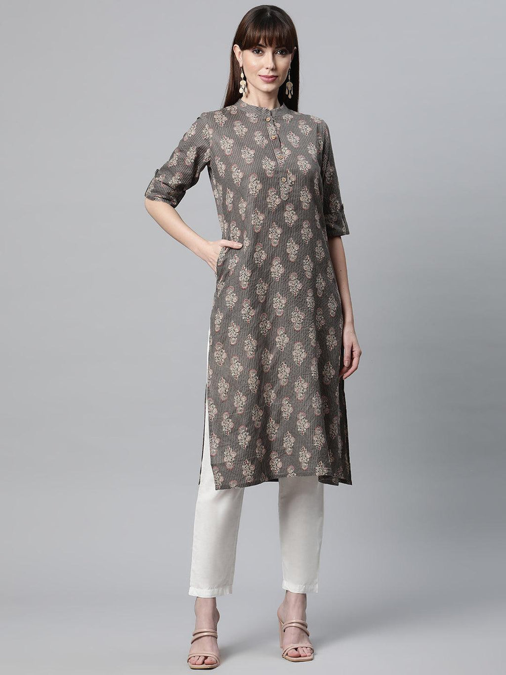 Divena Light Gray and Maroon Cotton Straight Kurta - divena world
