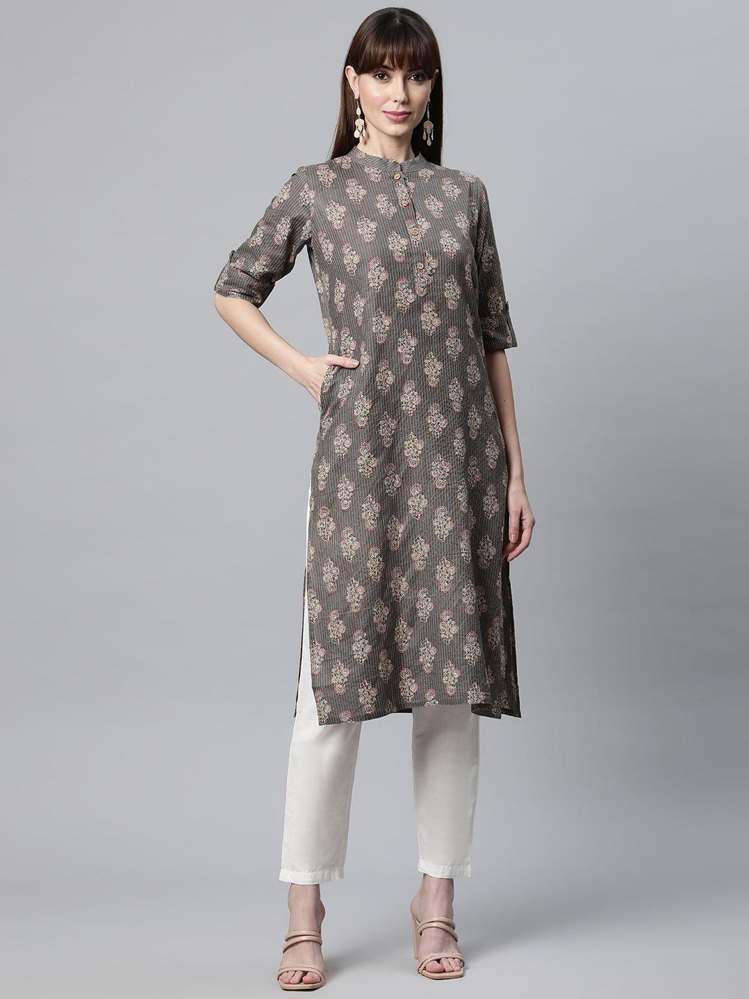 Divena Light Gray and Maroon Cotton Straight Kurta - divena world