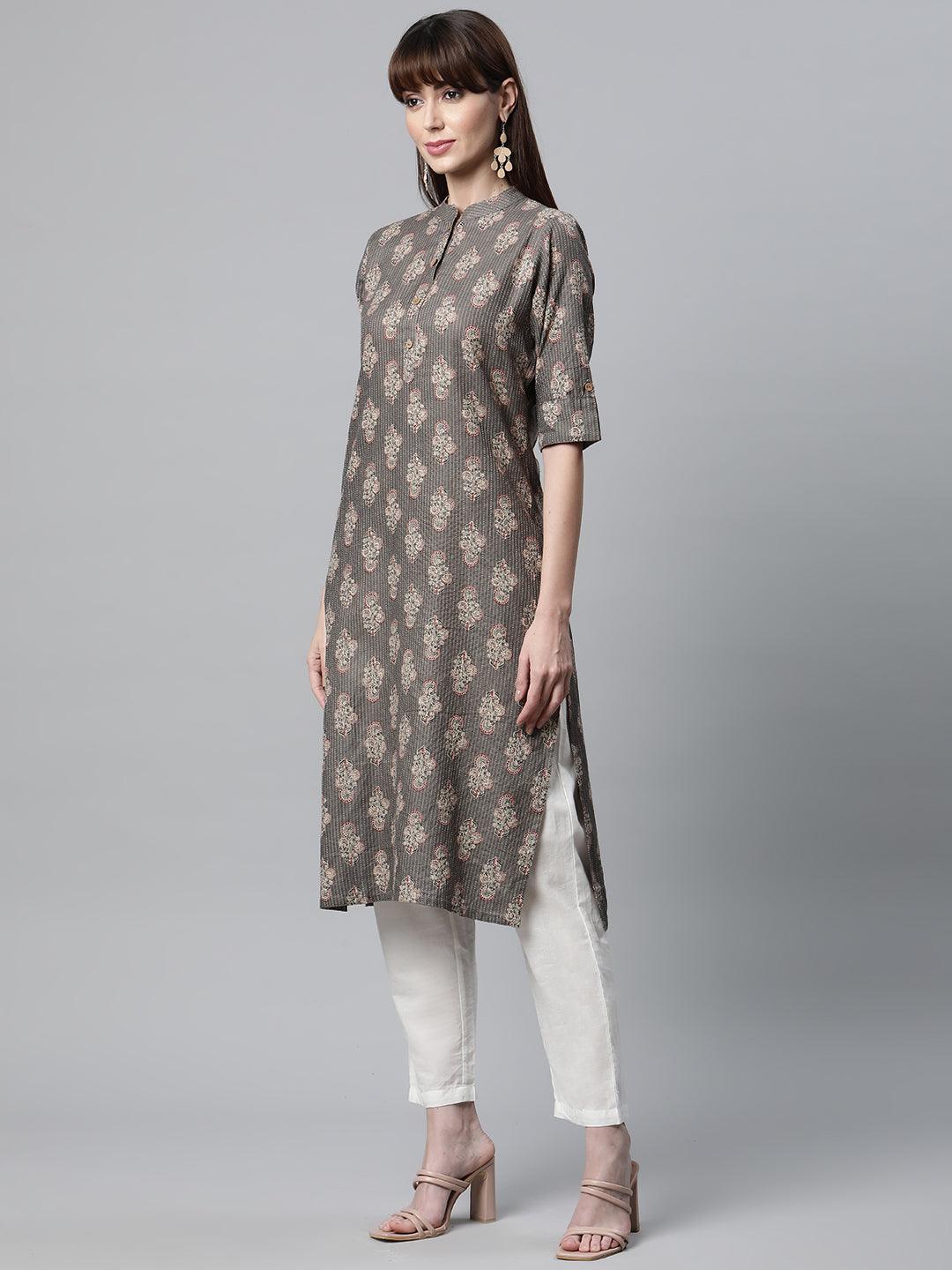 Divena Light Gray and Maroon Cotton Straight Kurta - divena world