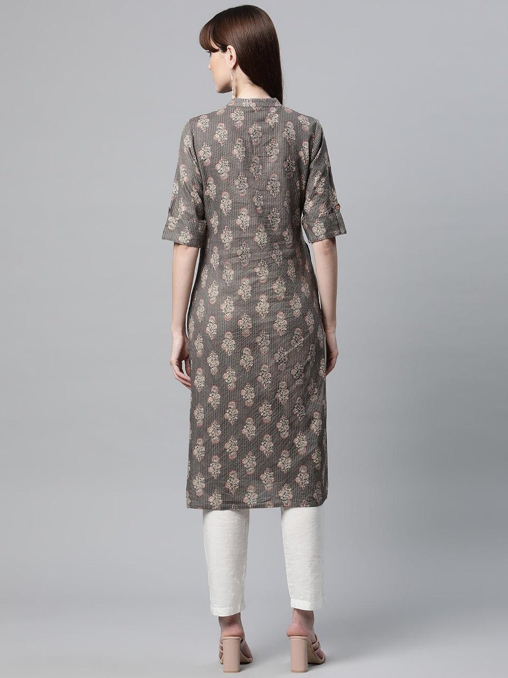 Divena Light Gray and Maroon Cotton Straight Kurta - divena world