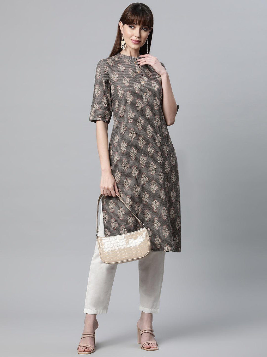 Divena Light Gray and Maroon Cotton Straight Kurta - divena world