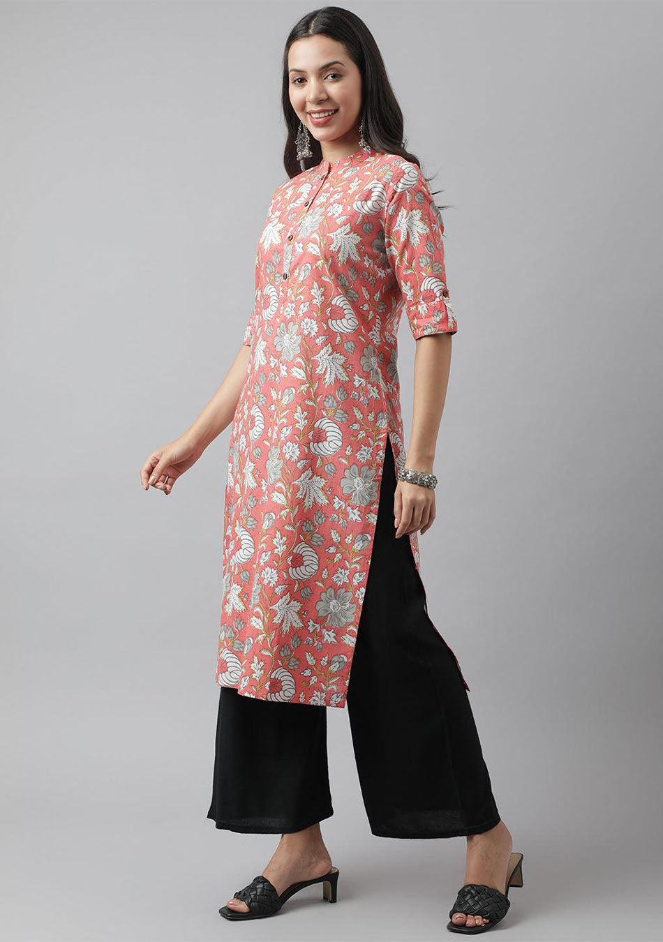 Noe Velarro Pink & Multi Floral Printed Straight Kurta