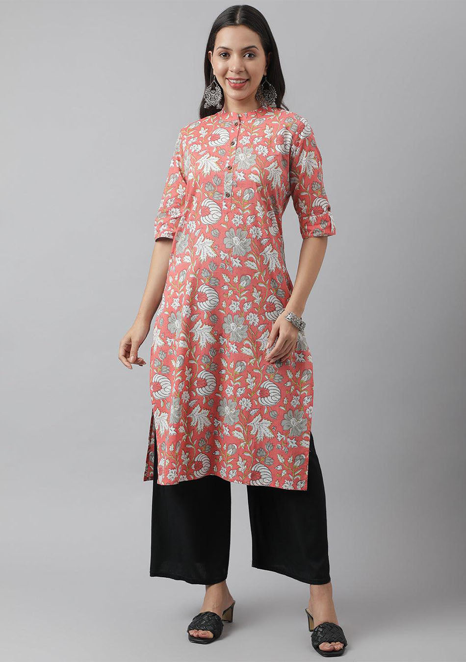 Noe Velarro Pink & Multi Floral Printed Straight Kurta