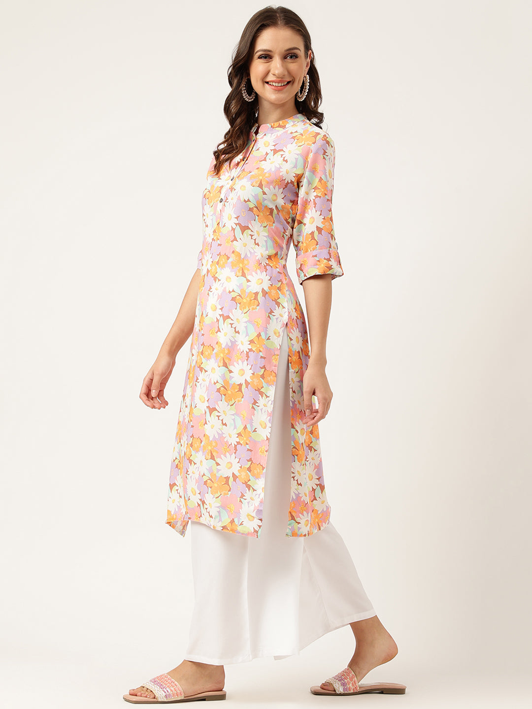 Noe Velarro Multi Colored Floral Digital Printed Straight Half Sleeve Kurta