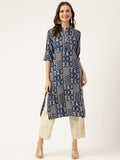 Noe Velarro Navy Floral Digital Printed Straight Fold Sleeve Kurta