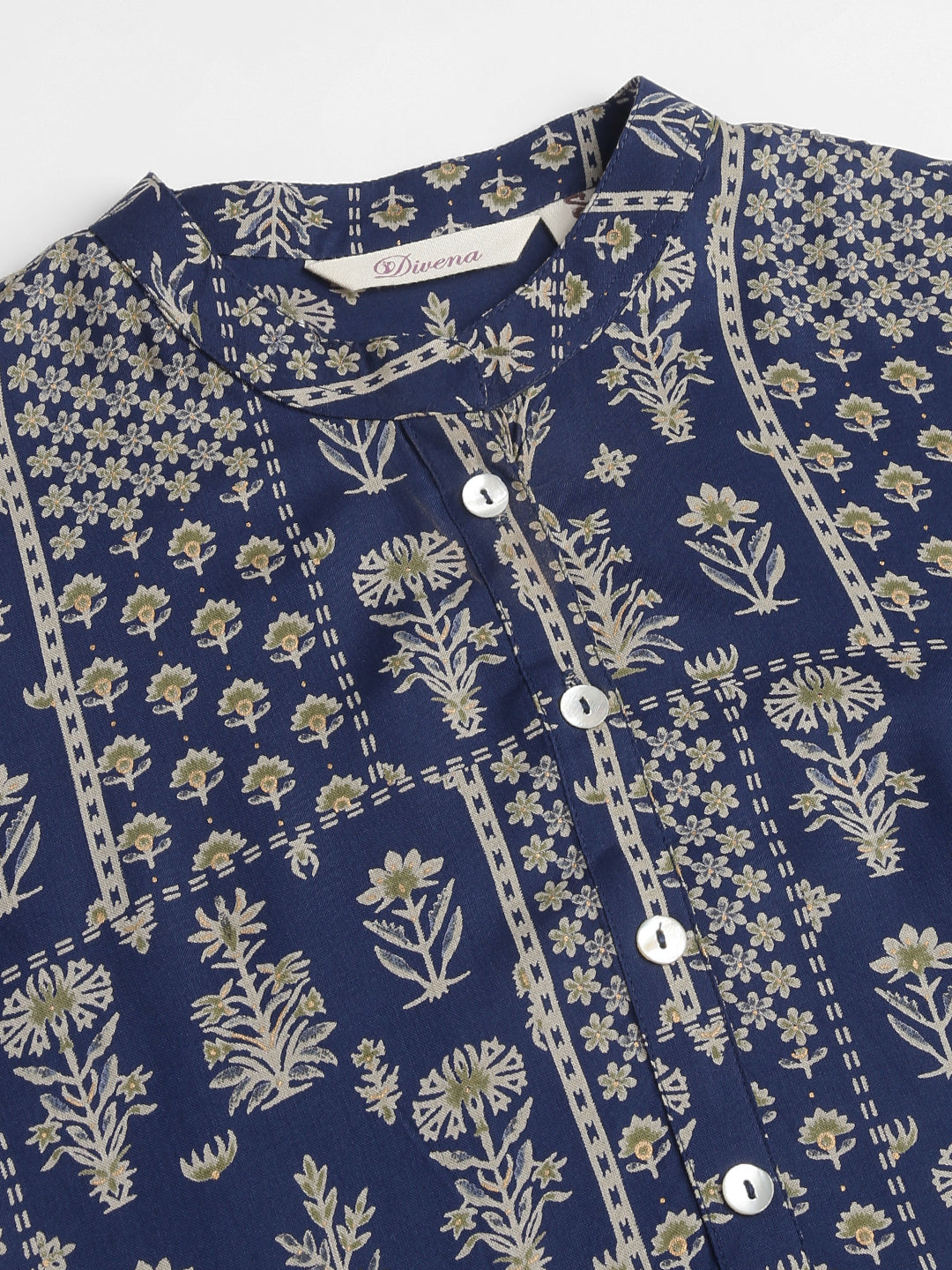 Noe Velarro Navy Floral Digital Printed Straight Fold Sleeve Kurta