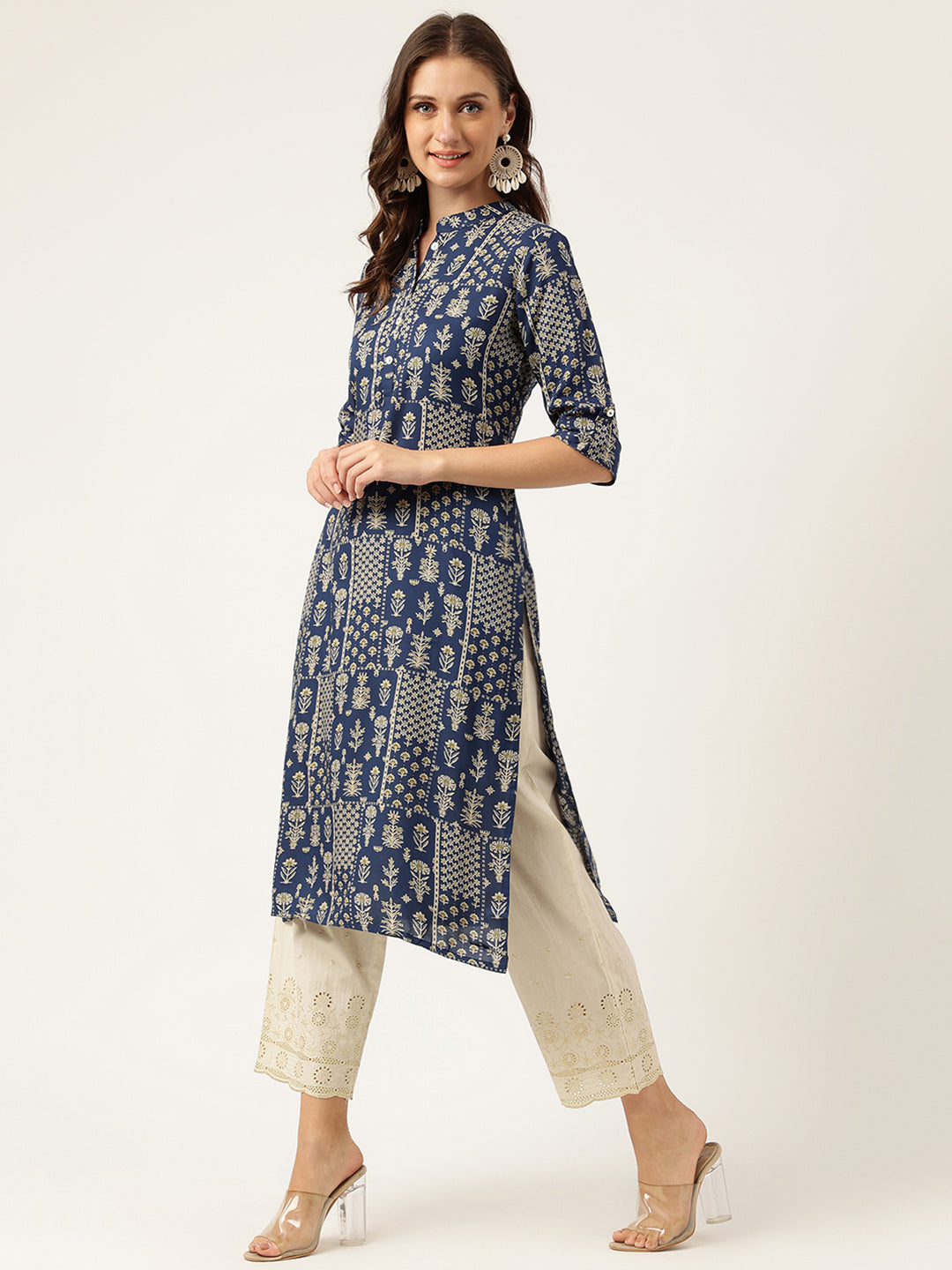 Noe Velarro Navy Floral Digital Printed Straight Fold Sleeve Kurta