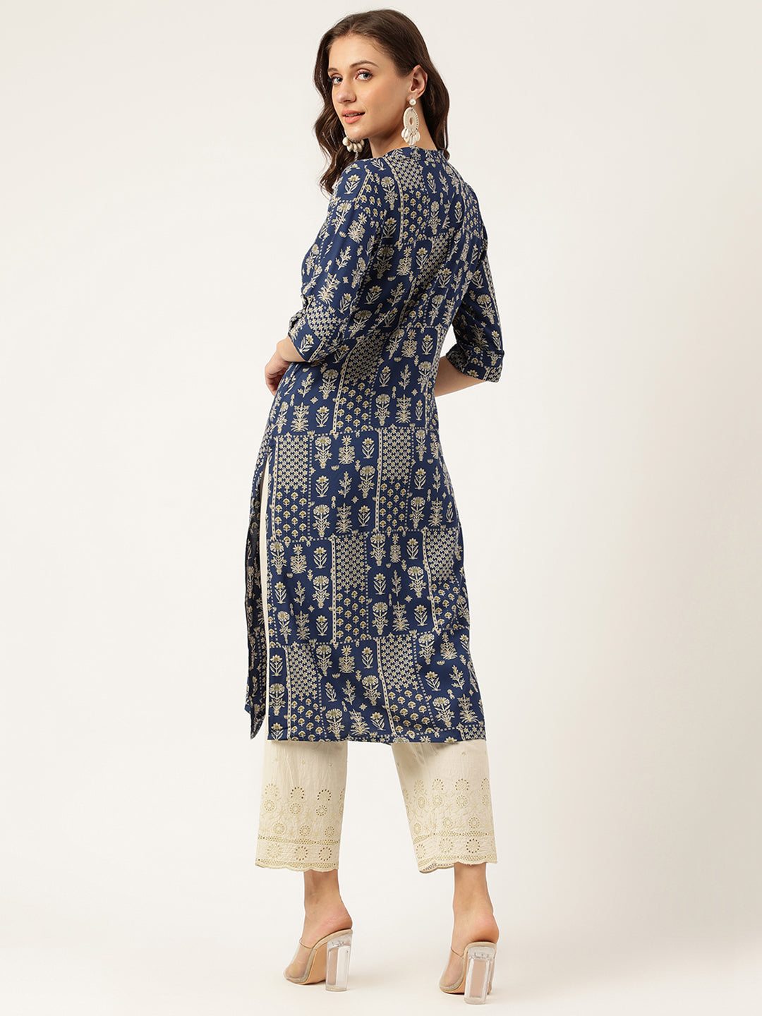 Noe Velarro Navy Floral Digital Printed Straight Fold Sleeve Kurta
