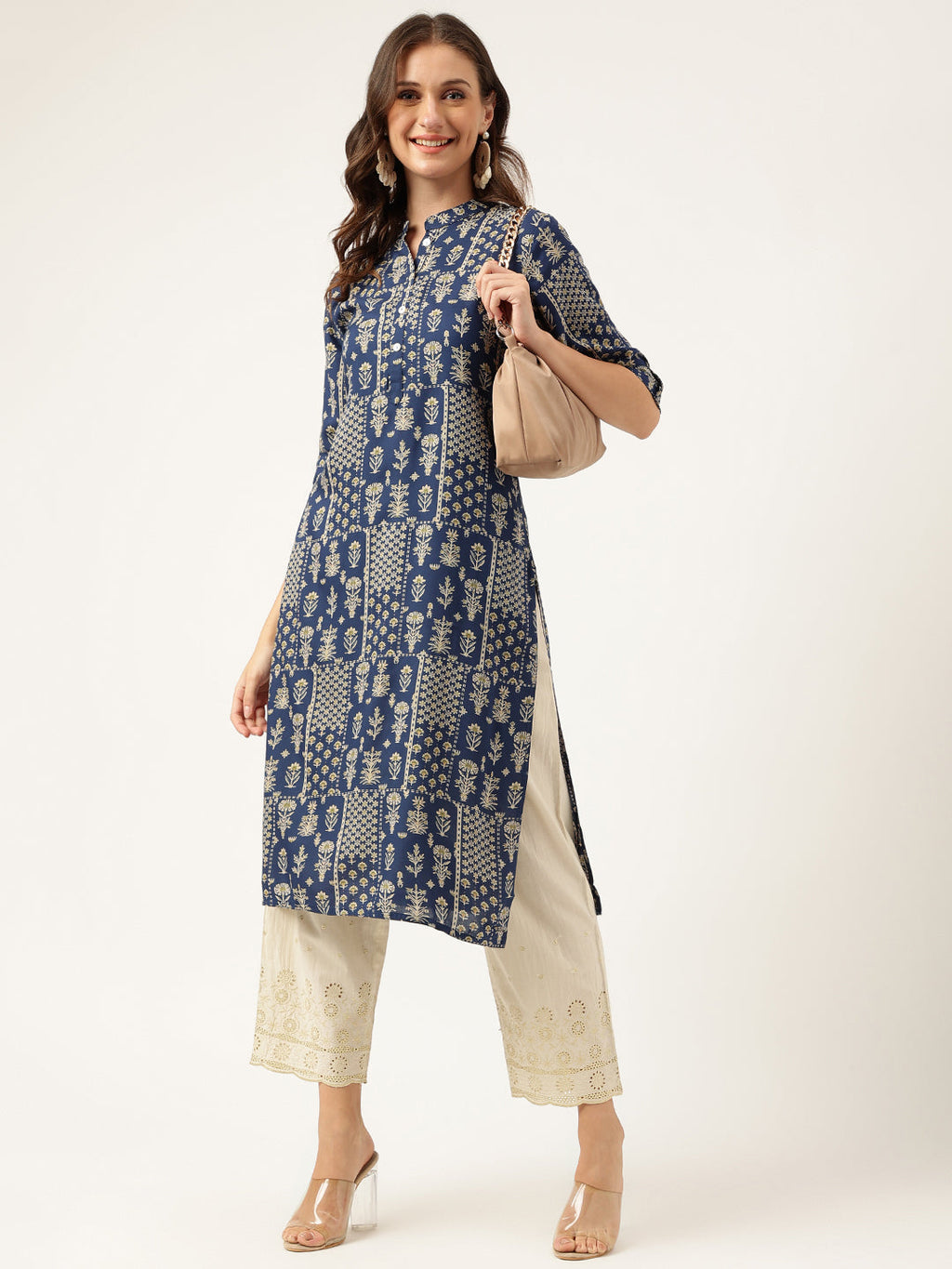 Noe Velarro Navy Floral Digital Printed Straight Fold Sleeve Kurta