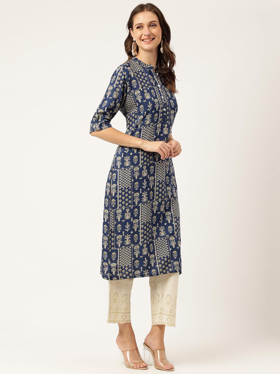 Noe Velarro Navy Floral Digital Printed Straight Fold Sleeve Kurta