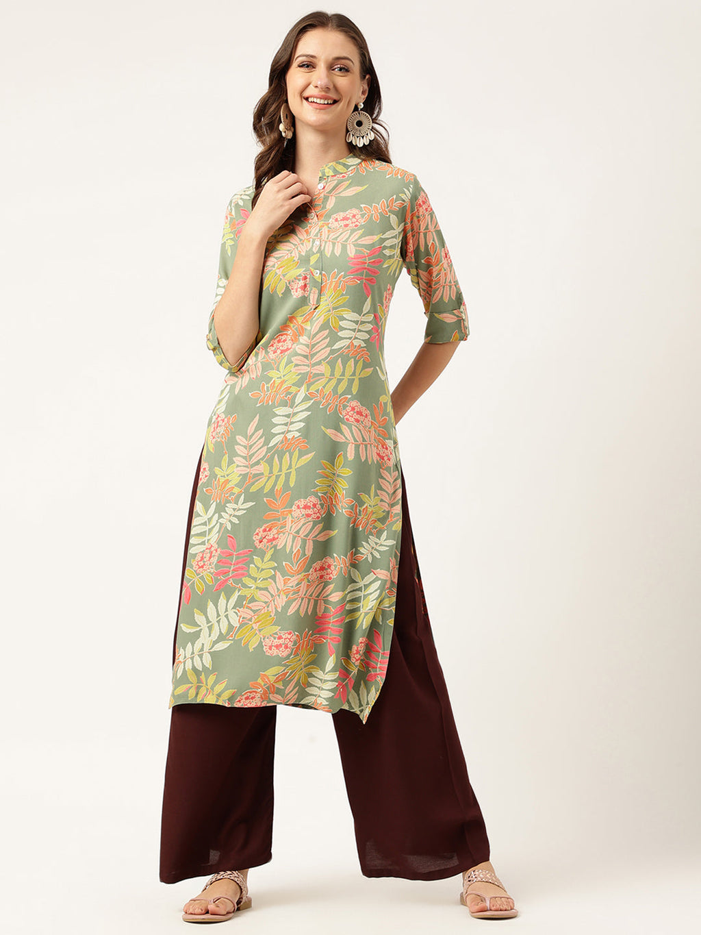 Noe Velarro Green Floral Digital Printed Straight Fold Sleeve Kurta