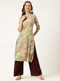 Noe Velarro Green Floral Digital Printed Straight Fold Sleeve Kurta