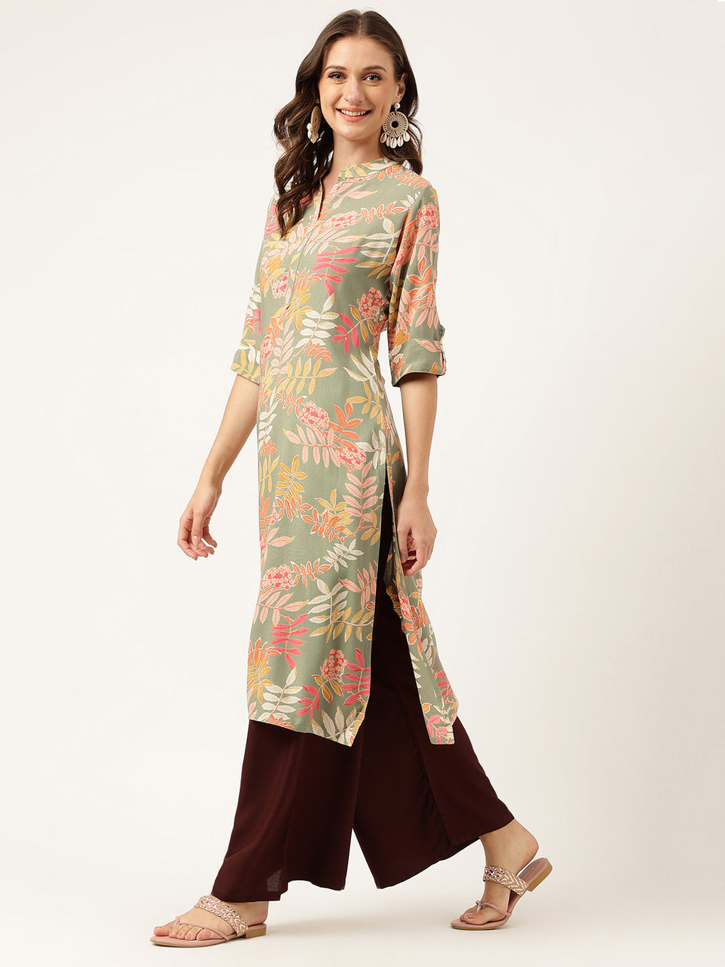 Noe Velarro Green Floral Digital Printed Straight Fold Sleeve Kurta