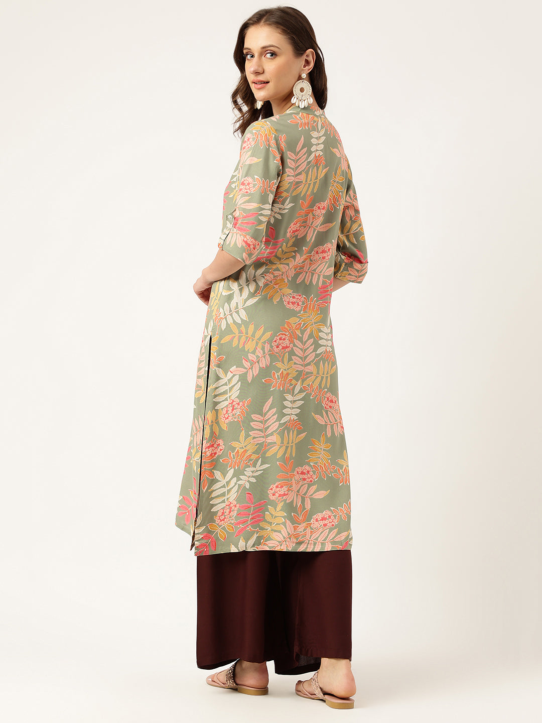 Noe Velarro Green Floral Digital Printed Straight Fold Sleeve Kurta