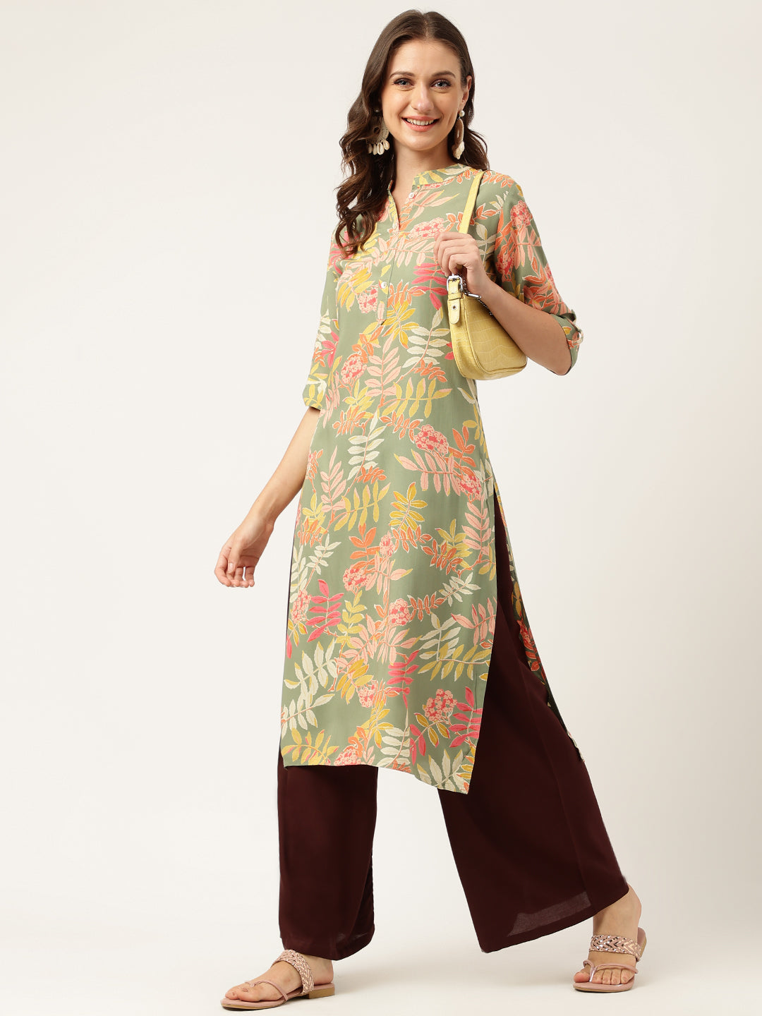 Noe Velarro Green Floral Digital Printed Straight Fold Sleeve Kurta