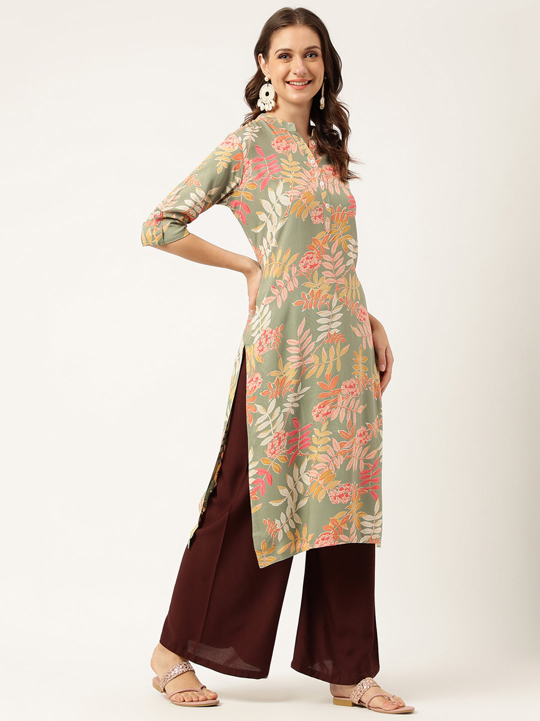 Noe Velarro Green Floral Digital Printed Straight Fold Sleeve Kurta